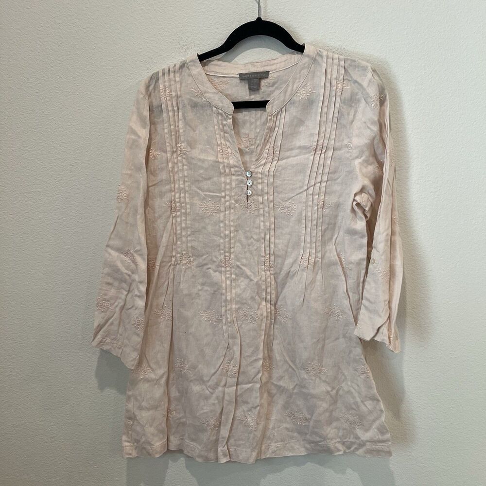 St Tropez West Linen Shirt Womens Large Pink Embroidered Roll Tab Sleeves